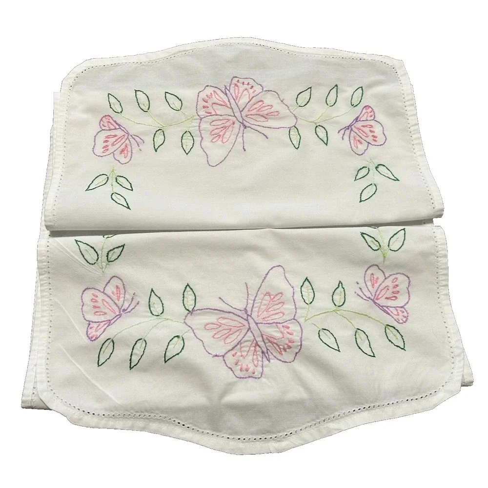 Vintage Hand Embroidery Butterfly Table Runner Dresser Scarf 42